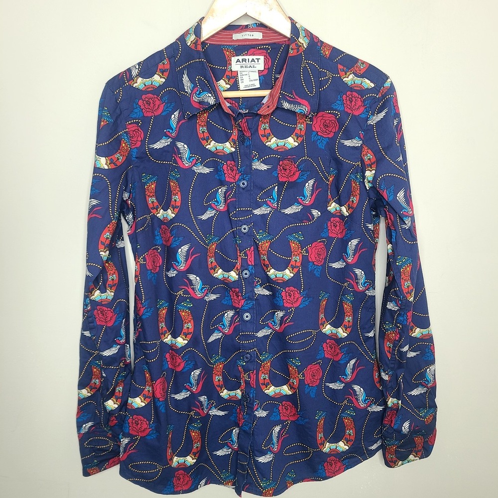 Ariat Womens Fitted Kirby Shirt L Ropey Rose Print Western Rodeo Stretch